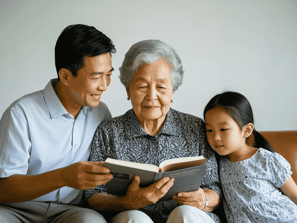 用户家庭翻阅回忆录的场景